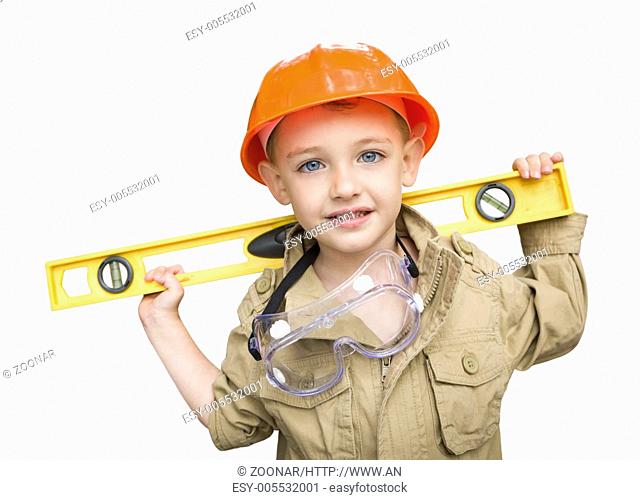 Child Boy with Level Playing Handyman Outside
