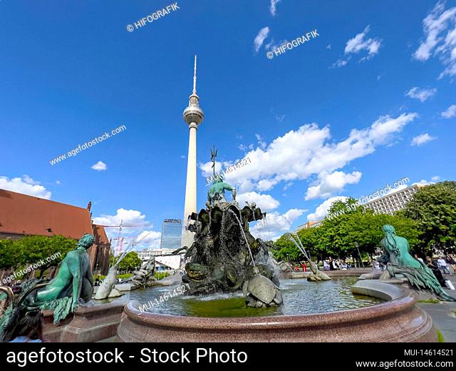 Neptune Fountain and TV Tower, Alexanderplatz, Berlin, Germany, Europe