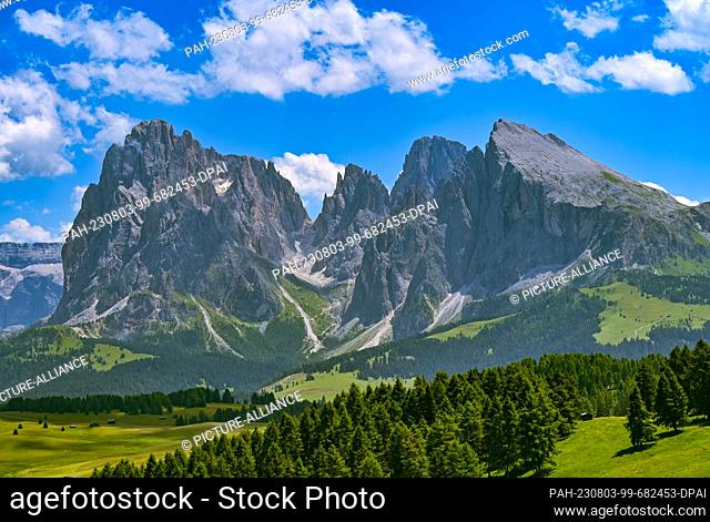 16 July 2023, Italy, Wolkenstein: View over the Alpe di Siusi in South Tyrol in the Dolomites to the mountain peaks Forcella del Sassolungo with Sassolungo