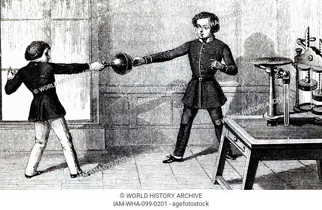 Engraving depicting two boys trying to pull apart two Magdeburg hemispheres. The Magdeburg hemispheres are a pair of large copper hemispheres, with mating rims