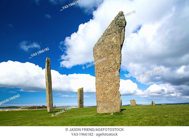 Scotland, Orkney Islands, Standing Stones of Stenness. The Standing Stones of Stenness, a Neolithic stone circle monument on the mainland of Orkney, Scotland
