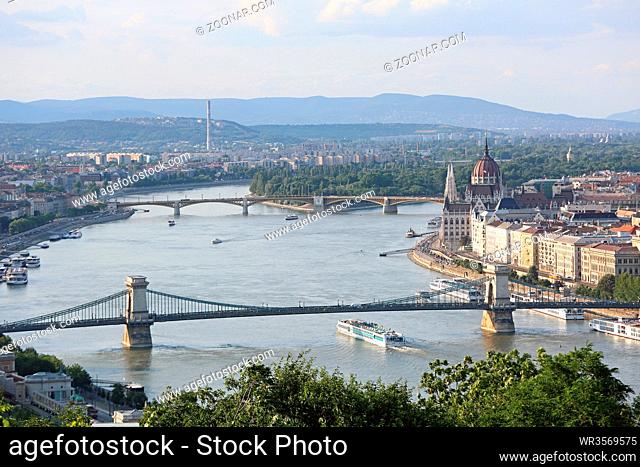 Bridges Over River Danube Afternoon in Budapest City