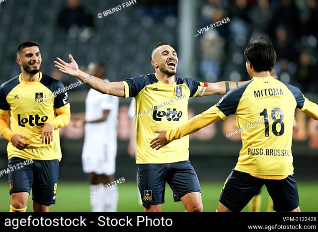 Union's Teddy Teuma celebrates after scoring during a soccer match between KAS Eupen and Royale Union Saint Gilloise, Saturday 23 October 2021 in Eupen