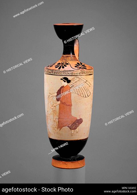 Terracotta lekythos (oil flask). Attributed to the Carlsruhe Painter; Period: Classical; Date: ca. 460-450 B.C; Culture: Greek