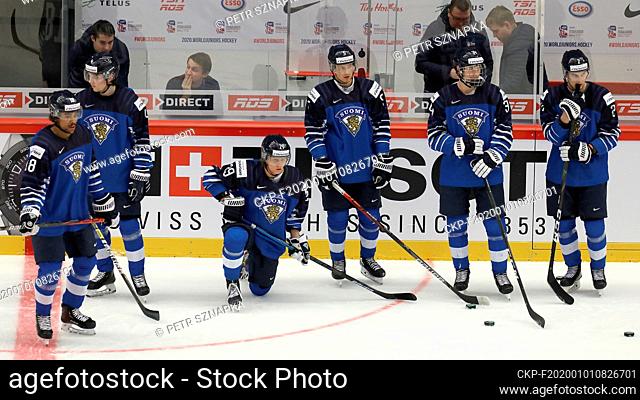 L-R Joonas Oden, Ville Heinola, Kim Nousiainen, Mikko Kokkonen, Aatu Raty and Santeri Hatakka (all FIN) during the 2020 IIHF World Junior Ice Hockey...