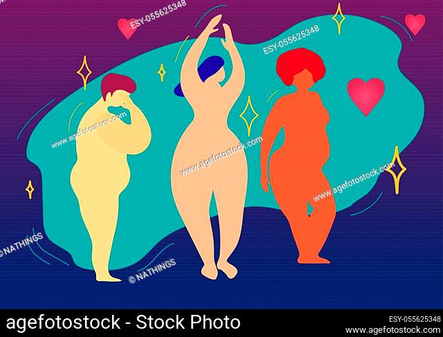 Multiracial women of different height, figure type and size standing in row. Female cartoon characters. Body positive movement and beauty diversity