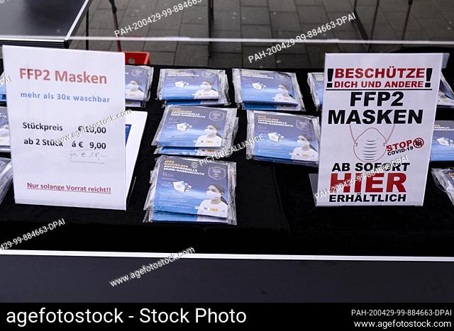 29 April 2020, Schleswig-Holstein, Kiel: FFP2 masks are offered at a stand in front of a supermarket. Since April 29, 2020