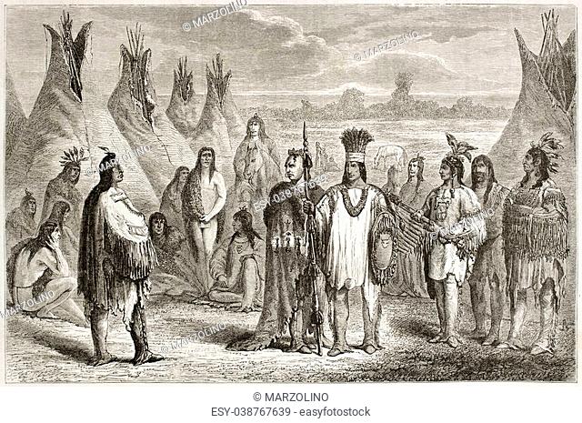 Old illustration of Cree indians. Created by Pelcoq after Kane, published on Le Tour du Monde, Paris, 1860