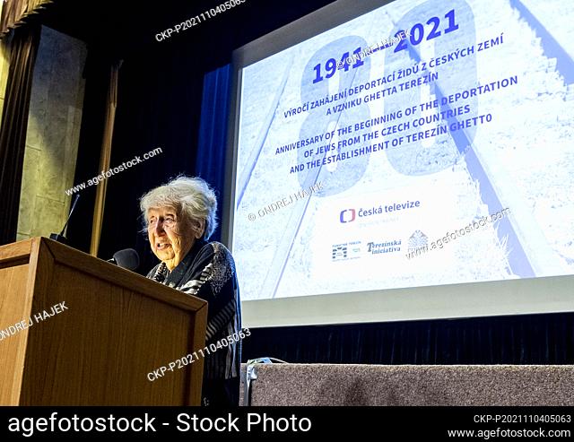 Czech artist, painter and Holocaust survivor Helga Hoskova-Weissova holds a speech at beginning of two-day conference on 80th anniversary of first deportation...