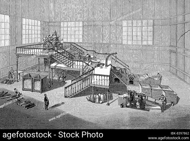 The paper factory of Heinrich Voelter at the World's Fair in Paris, France, paper production, industry of the Decker brothers, Historic