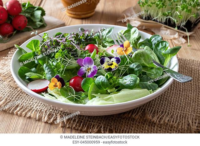 Spring salad with edible flowers - pansies, lamb's lettuce and fresh broccoli and kale microgreens