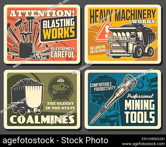 Coal and ore mining posters, mine industry factory and miner equipment, vector. Ore and coal deposit mining excavators and loader trucks machinery