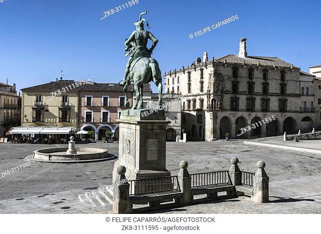 Trujillo, Spain - July 14, 2018: Equestrian statue of the conquistador Francisco Pizarro, the work of the American sculptor Charles Cary Rumsey