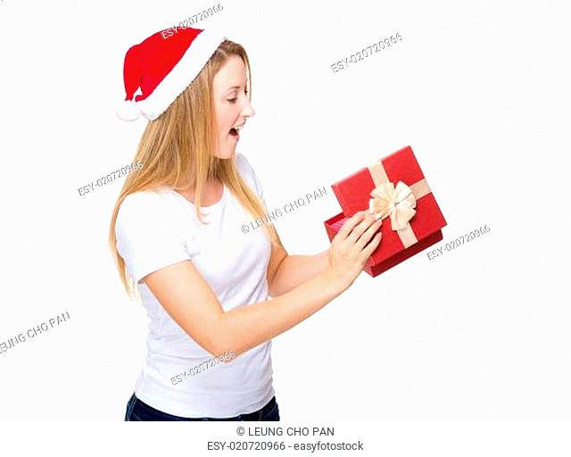 Christmas woman open with present box