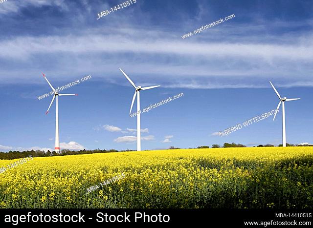 Odenwald, Hesse, Germany, wind turbines in rapeseed field