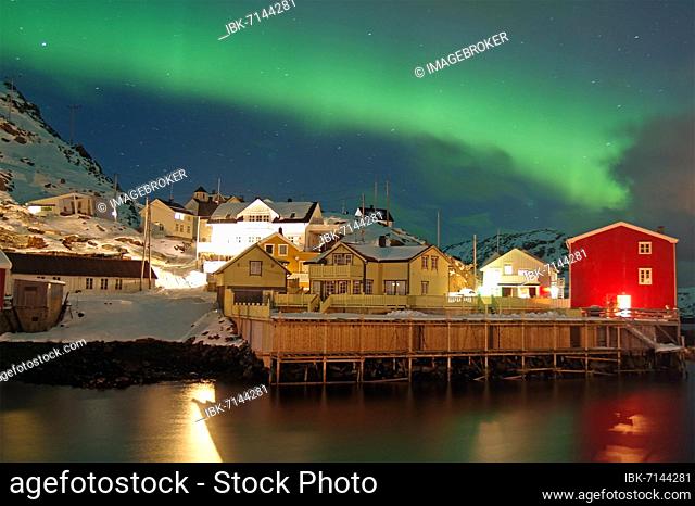 Snowy landscape, small harbour, northern lights, aurora borealis, mountains, Nyksund, Vesteralen, Norway, Europe