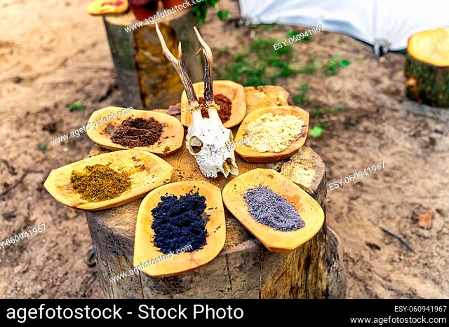 Variety of ground spices on wooden plates, homemade at historical reenactment of Slavic or Vikings lifestyle around 11th century, Cedynia, Poland