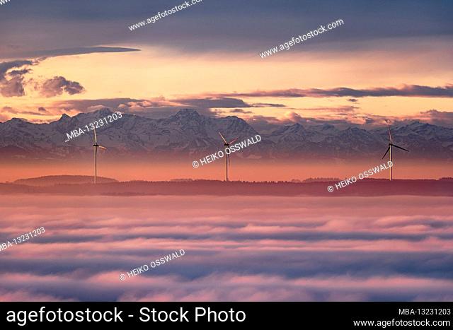 Winkraftanlagen and Alps from Bussen, sea of fog, the Bussen 'holy mountain' Oberschwabens, Uttenweiler, Oberschwaben, Baden-Wuerttemberg, Germany, Europe