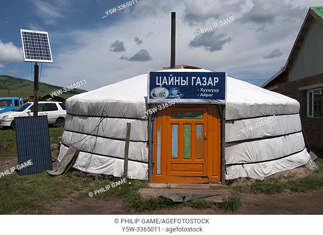 Roadhouse contained within a traditional Mongolian ger or yurt, drawing power from a solar photovoltaic panel
