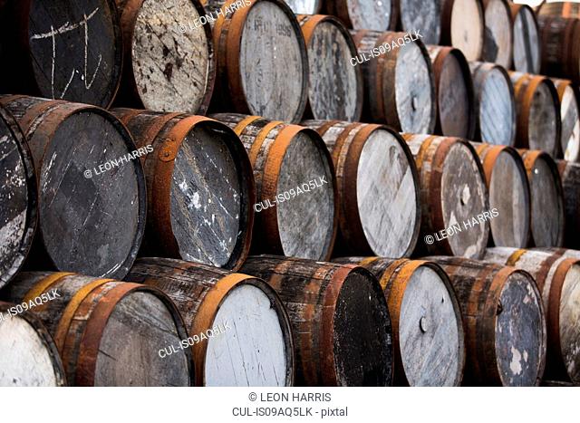Stack of wooden whisky casks