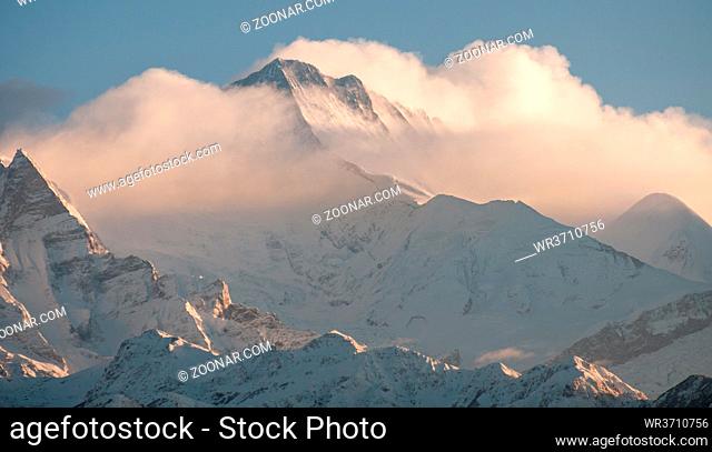 The famous Annapurna massif in the Humalayas covered in snow and ice during sunrise in north-central Nepal Asia
