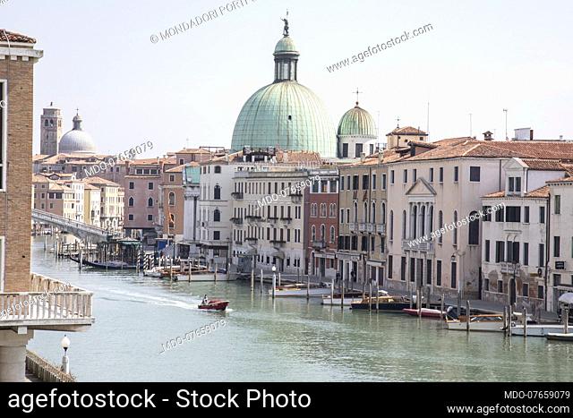 The Grand Canal with the Church of San Simeon Piccolo on the day of the patron Saint Mark, during the lockdown due to the Coronavirus pandemic (Covid-19)