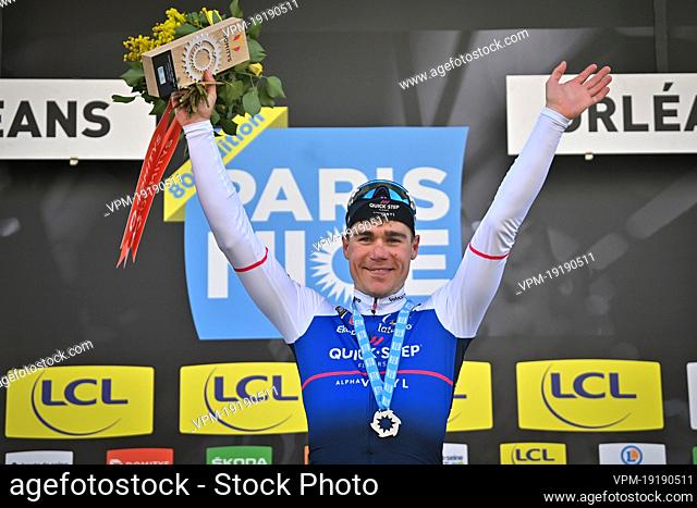 Dutch Fabio Jakobsen of Quick-Step Alpha Vinyl celebrates on the podium after winning the second stage of 80th edition of the Paris-Nice eight day cycling stage...