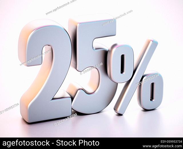 25 percent word standing on white surface with soft reflection. 3D illustration