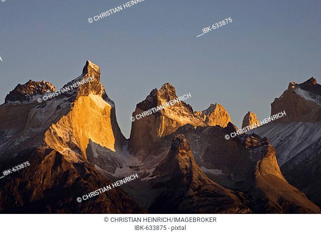 First light on the Torres del Paine mountains, National Park Torres del Paine, Patagonia, Chile, South America