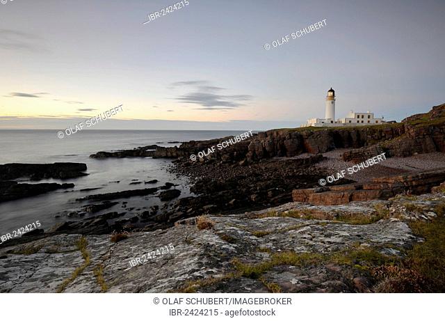 Evening view towards the Atlantic with Rua Reidh Lighthouse, Melvaig, Gairloch, Western Ross, Scotland, United Kingdom, Europe