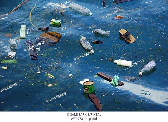 Plastic bottles and rubbish floating in the sea, Maldives