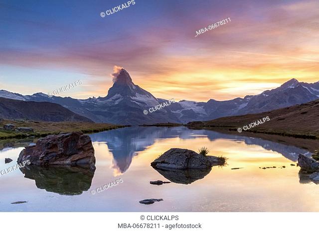 Matterhorn reflecting on the Stellisee Lake, Zermatt, Switzerland
