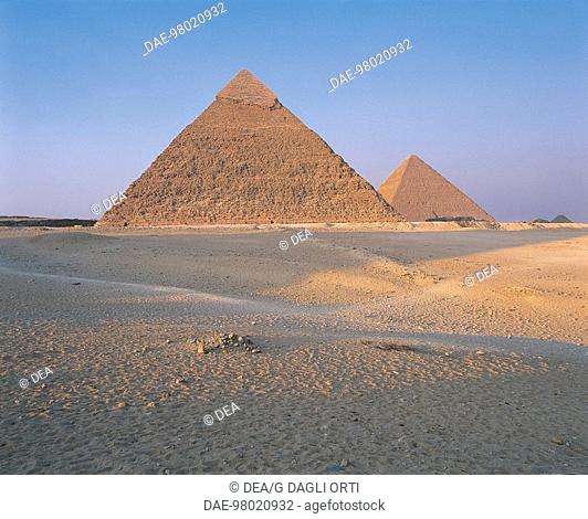 Egypt - Cairo - Ancient Memphis (UNESCO World Heritage List, 1979). Pyramids at Giza. Old Kingdom. Pyramids of Khafre and Khufu (greek: Chephren and Cheops)