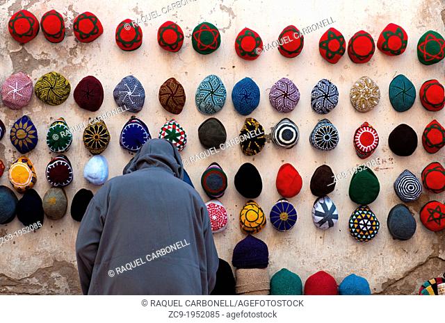 Moroccan hat shop in Essaouira medina, Morocco