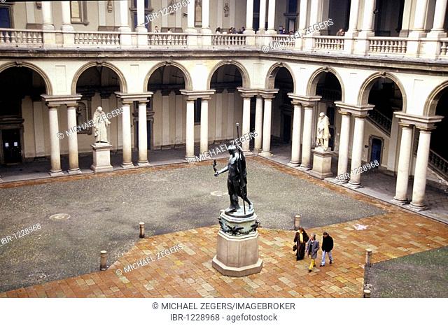 Palazzo di Brera square, Pinoteca di Brera, palace, National Gallery and Museum, courtyard with arcades, columns and arches, Milan, Milano, Lombardy, Italy