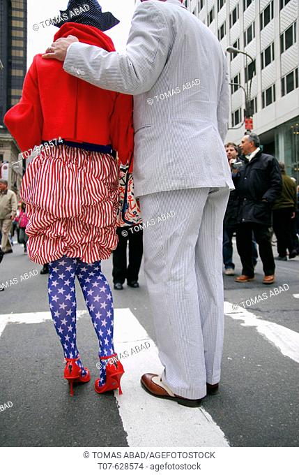 Easter Parade. Easter Sunday (April). New York City. Manhattan. 5th Ave. Woman wearing a patriotic costume symbolic of the American flag