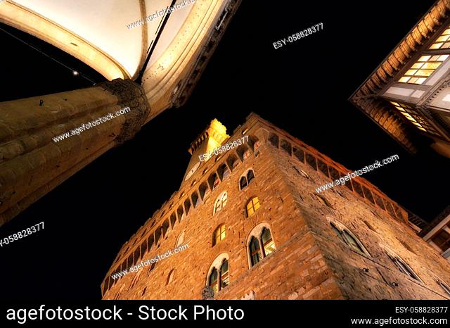 Palazzo Vecchio and Piazza della Signoria in Florence. Beautiful upward view