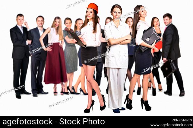 Successful business women of different professions with people crowd background. Isolated on white