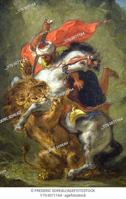 Arab Horseman attacked by lion, 1849-50, painting by Eugène Delacroix (1798-1863), Louvre museum, Paris, France