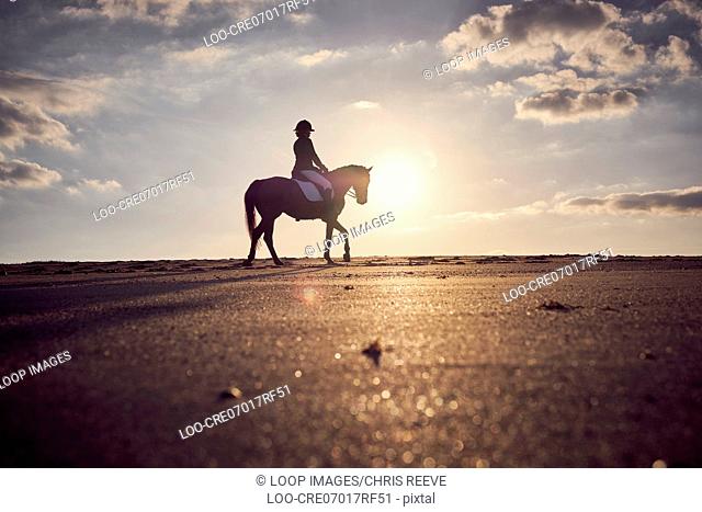 A young woman riding her horse on the beach at sunset
