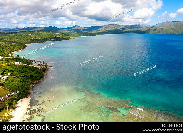 Aerial photography of wonderful tropical panorama of Rincon bay.Samana peninsula, Rincon beach, Dominican Republic