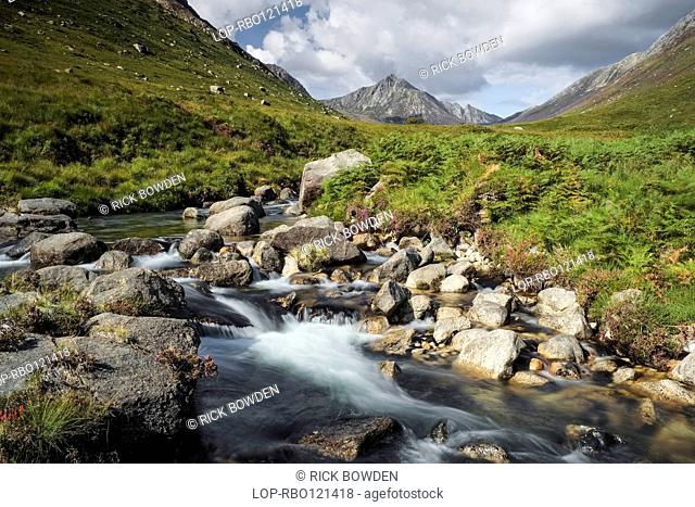 Scotland, Arran, Brodick. Mini waterfalls running down the valley of Glen Rosa