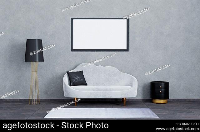 Blank horizontal poster frame for mockup.Modern interior of living room for mockup, luxury, loft. Grey sofa, black and gold lamp and bedside table, white carpet