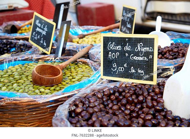 Market stall with olives, Apt, Provence-Alpes-Cote d'Azur, France, Europe