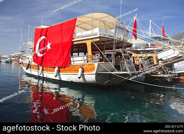 Traditional tour boats moored inside the harbour of Bodrum town with Turkish flags hanging on them at the Independence Day, Mugla Province, Aegean Region