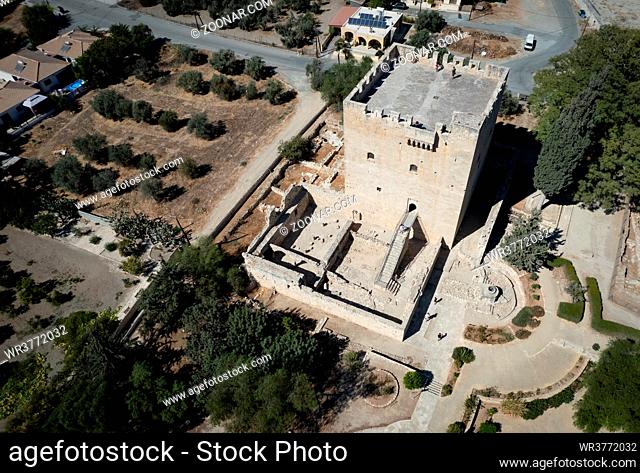 Aerial drone view of Kolossi castle fort landmark in Limassol. Cyprus historical ancient places