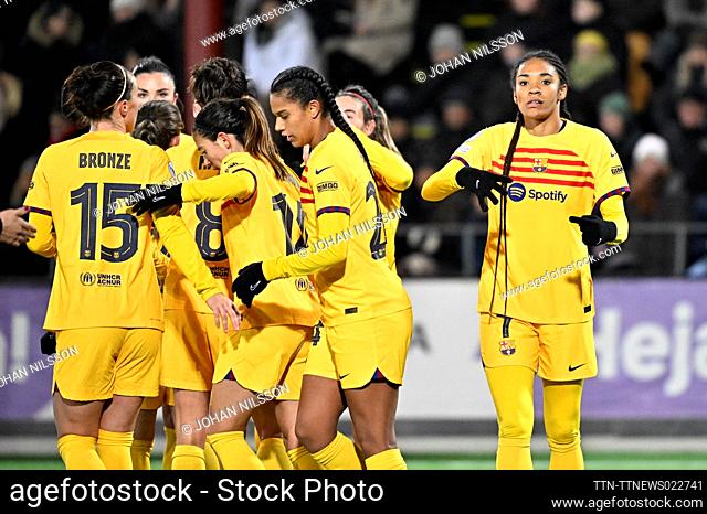 Barcelona's Salma Paralluelo (R) and team mates celebrate gal 0-2 during the UEFA Women's Champions League group A soccer match between FC Rosengard and FC...