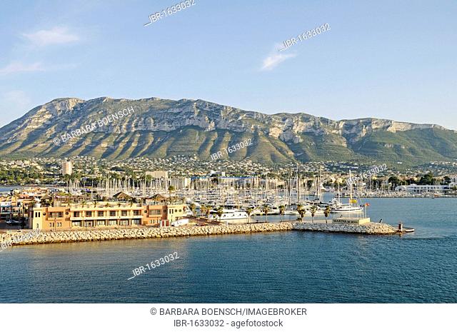 Ships, marina, port, coast, Mt. Montgo, Denia, Costa Blanca, Alicante, Spain, Europe