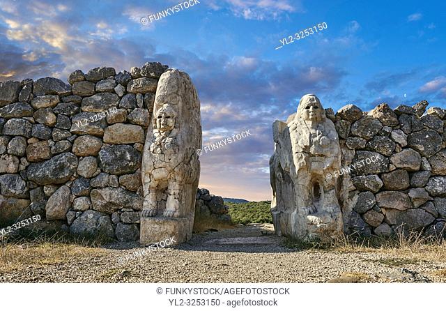 Picture & image of Hittite Sphinx sculpture of the Sphinx Gate. Hattusa (also á¸ªattuša or Hattusas) late Anatolian Bronze Age capital of the Hittite Empire