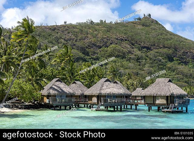 Overwater bungalows in the lagoon, Maitai hotel complex, Bora Bora, French Polynesia, Oceania